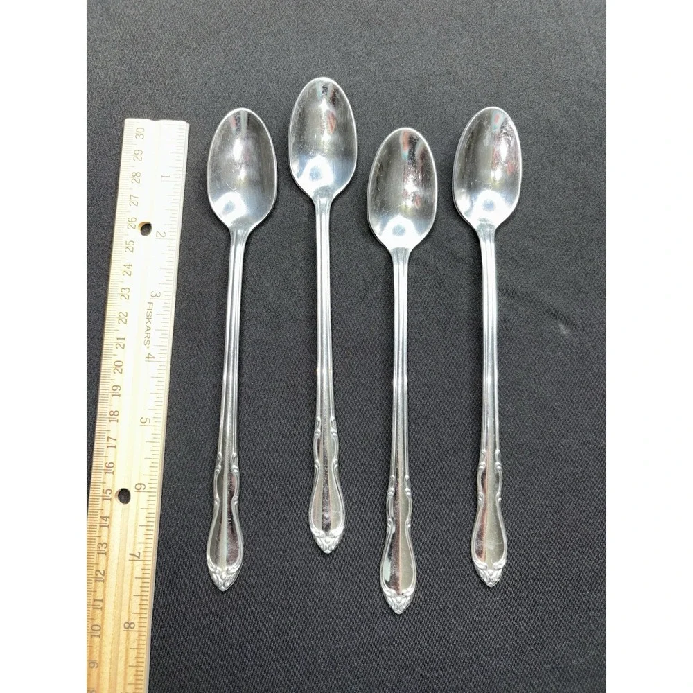 4 Simon L & George H Rogers Co Stainless Oneida Iced Teaspoons Homestead Long